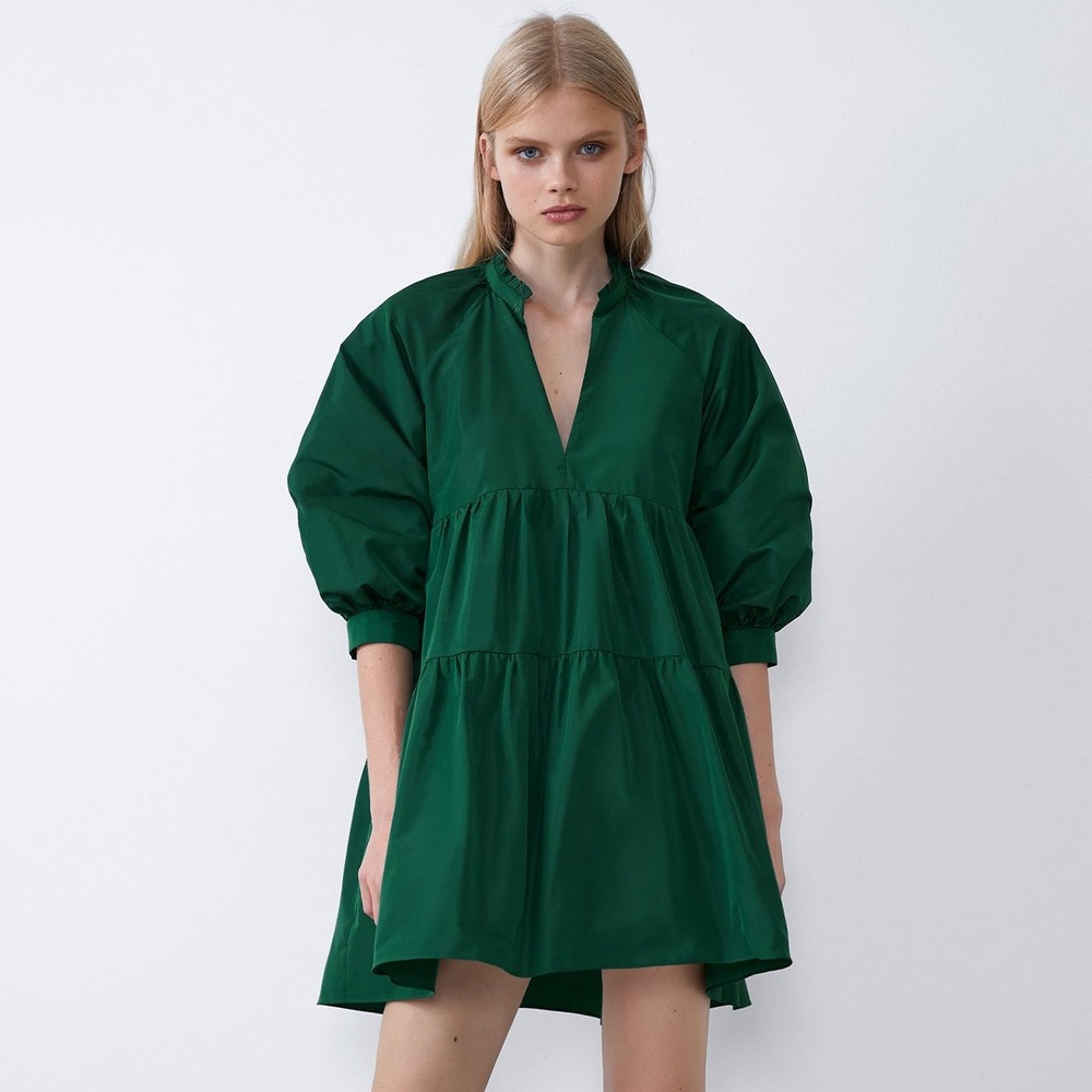 Zara Green Tiered Taffeta Puff Sleeve Mini Dress XXL